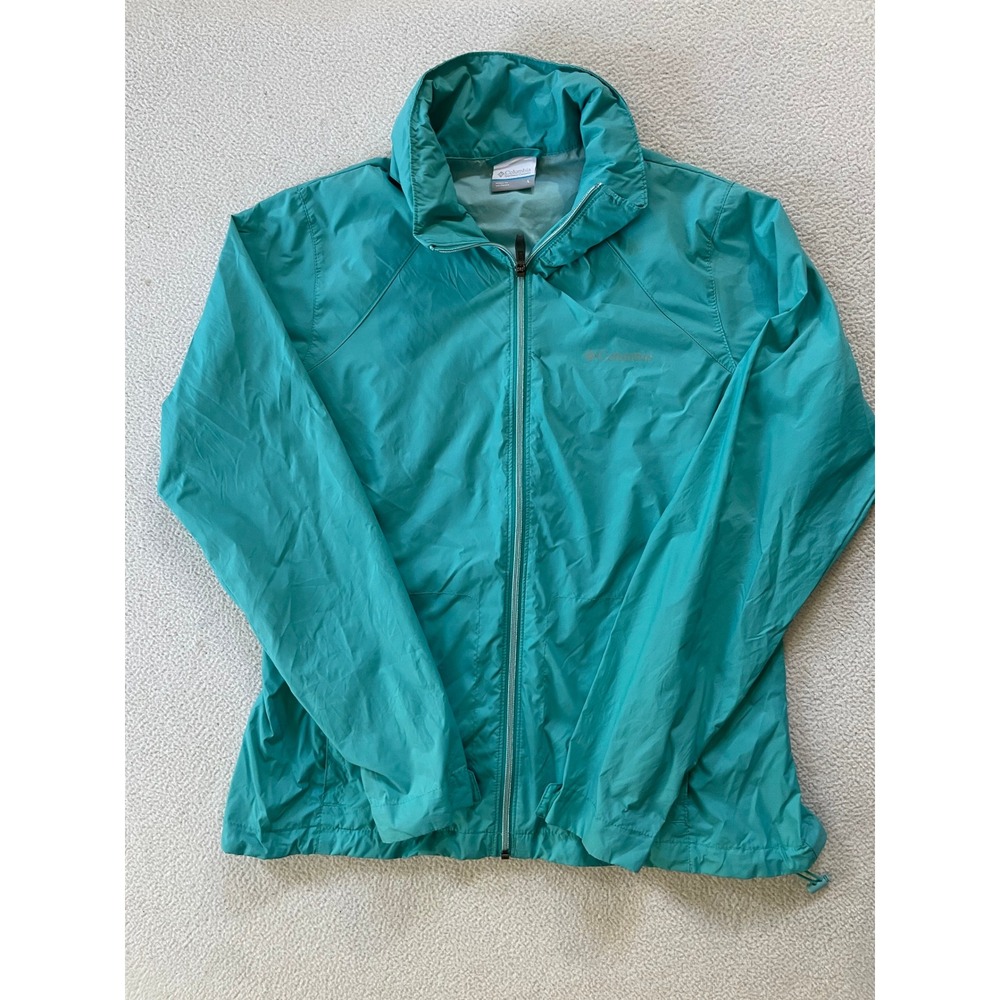 Columbia Women Large Switchback III Jacket Teal Green Packable Rain Windbreaker